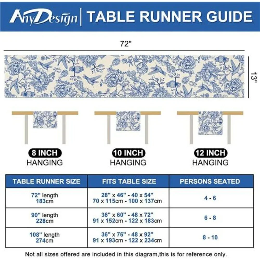 Blue floral table runner 13x72 vintage chinoiserie birds flowers dining table de